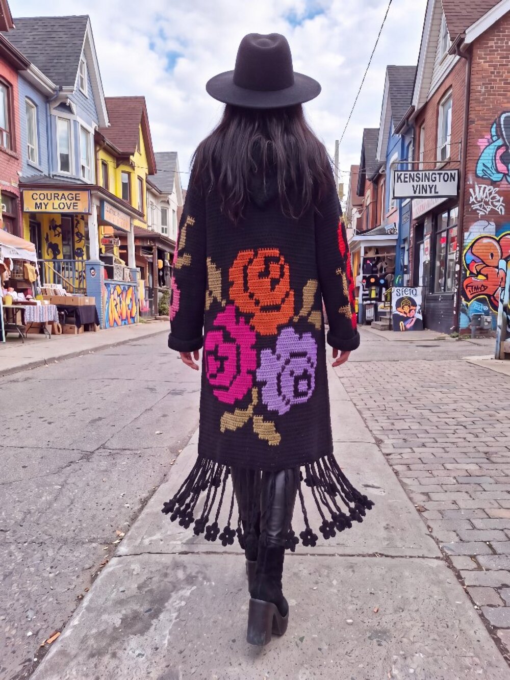 BoHo Black long Vibrant Colorful Roses Hooded Floral Fringe L/XL